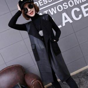 Autumn Winter Women Fashion Long Vest Suede Bottom PU Leather Black Sleeveless