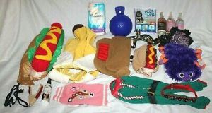 Lot of 19 S/M Dog Clothes Harness Jolly Ball Toys Diapers Costumes Cologne Clip