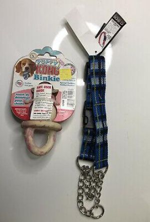 NEW Puppy Dog Kong Binkie Toy & Large Blue Plaid Choke Collar Bundle
