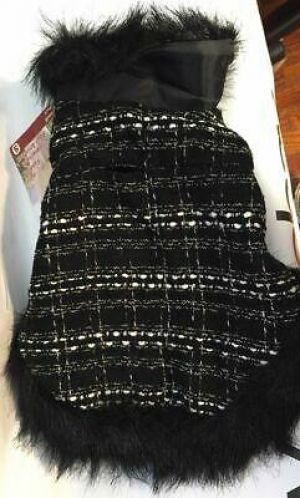 Vo-Toys Votoys Doggiduds Dog Synthetic Black Coat Button Fur Trim 10-14" Small
