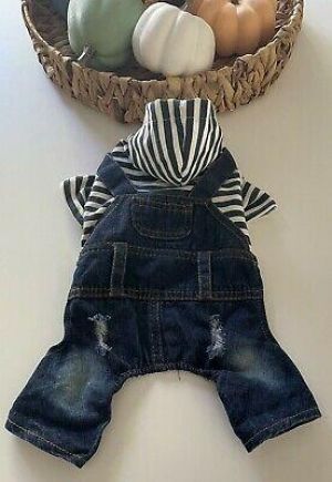 Pet dog puppy overalls ripped jeans hoodie shirt XS very small toy breed