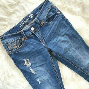 Seven 7 Capri Jeans size 12 Thick Stitching 32 x 24 Medium Wash Distressed