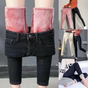 Women Denim Jeans Pants  Winter Warm Fleece Thermal Leggings Girls Trousers ca