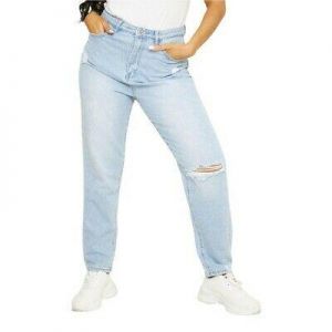 Missguided Riot High Rise Single Busted Knee Mom Jeans Light Blue Wash Distress