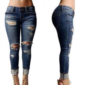 Damen Ripped Skinny Jeans Denim Stretchhose Röhrenjeans Freizeit Mode Jeanshosen