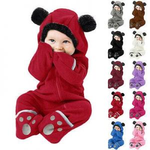 Newborn Baby Boy Girl Kids Fleece Hooded Romper Jumpsuit Bodysuit Clothes Outfit