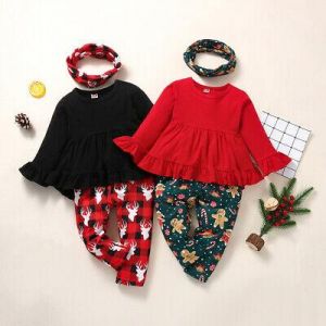 Toddler Baby Girls Christmas Party Outfits T-shirt Tops Pants Kids Clothes 3pcs