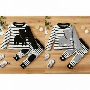 born Kids Baby Clothes Long Sleeve Elephant Striped Tops Pant 2PCS Outfit Set