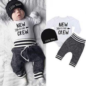 Newborn Baby Kids Boys Girls Clothes Letter Tops Romper+Pants+Hat 3PCS Outfits