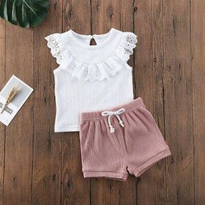 Toddler Kids Baby Girls Solid Lace T shirt Tops+Knit Shorts Outfits Clothes Sets