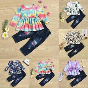 2PCS Toddler Kids Baby Girls Clothes Rose Tops+Denim Jeans Pants Outfits Set