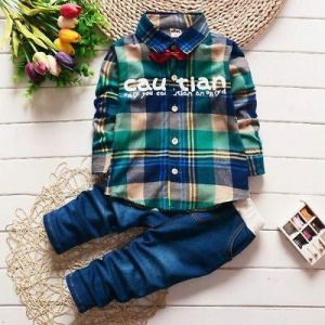 2pcs Kids Infant Boys Spring/Fall Clothing Long Sleeve Plaids Shirt+Jeans Pants