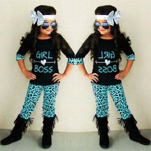 2PCS Toddler Kids Baby Girls Outfits LetterT-shirt Top+Leopard Pants Clothes Set