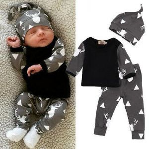 Infants Kids Baby Boys Elk Long Sleeve Tops Pants Hat Outfits Clothes Set Casual