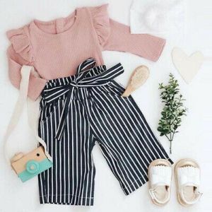 Newborn Kids Baby Girls Outfits Clothes Romper Bodysuit+Stripe Long Pants Set