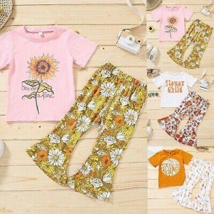 Infant Kids Baby Girls T-Shirt Floral Flared Long Pants Floral Outfits Clothes