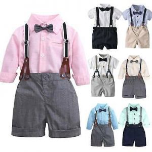 Kids Boy Summer Gentleman Outfit Shirts Bow Suspender Shorts Suit Romper Clothes