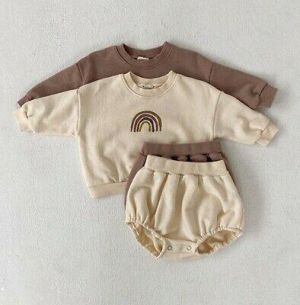 Baby children's suit printed rainbow sweater & baby pp short two-piece  outfits