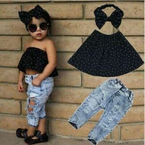 Kids Baby Girls T-shirt Tops Holes Pants Jeans Outfits Toddler Clothes Set 3PCs