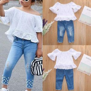 2PCS Kids Girls T-shirt + Denim Pants Sets Clothes Spring Lace Tops Trouser