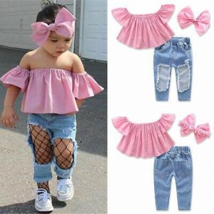 3PCS Kids Baby Girls T-shirt Tops+Ripped Holes Pants Jeans Outfits Clothes Set