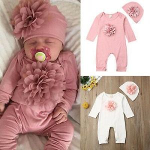 Newborn Infant Kids Baby Girls Long Sleeve Floral Romper Jumpsuit +Hat Clothes