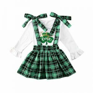 St Patrick’s Day Toddler Baby Kid Girl Clothes Set Clover T-shirt  Plaid Skirts