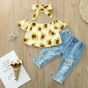 Toddler Baby Girsl Kids Off Shoulder Sunflowers Tops+Denim Pants Outfits Clothes