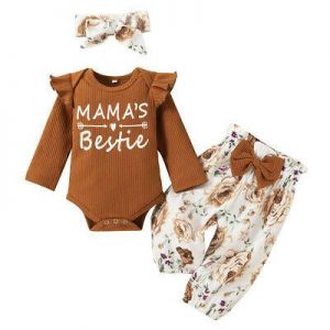 Kids Girl Outfits Printed Long Sleeve Romper + Pants + Bow Headband Set Clothes
