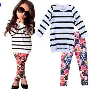 2PCS Toddler Baby Girls Outfits Stripe T Shirt Tops + pants Kids Clothes Set