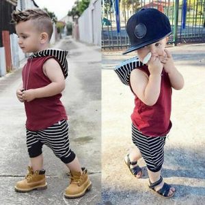 Children's Wear Hooded Vest Short Sleeved Tee+Striped Pants Outfit Clothes 2PCS