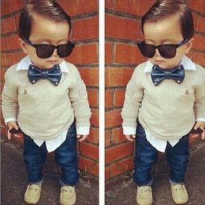 shopping אופנה ילדים 2pc Gentleman Suit Kids Baby Boys Long Sleeve Tops+Denim Pants Jeans Clothes Set