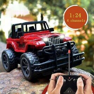 Remote Control Off Road Toy Car Red 1:24 RC Vehicle With LED Light Gift For Kids