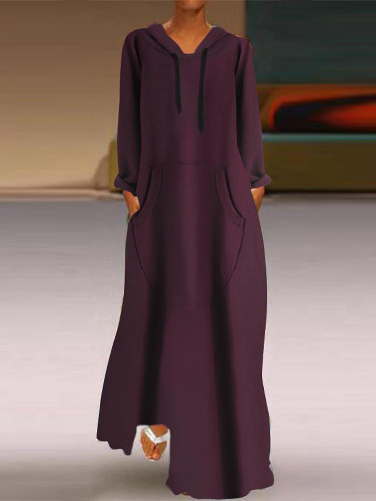 shopping אופנה נשים Women Casual O-Neck Long Sleeve Pockets Hooded Dress