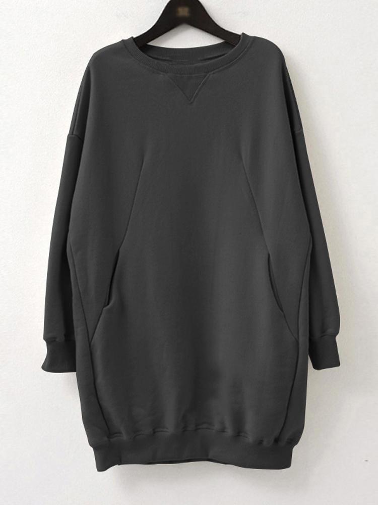 shopping אופנה נשים Women Autumn Loose Pullover Solid Color Long Sweatshirt Dress