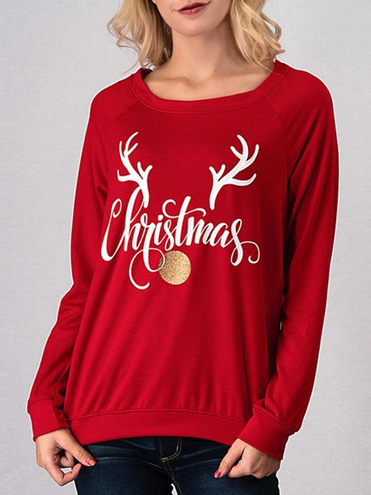 shopping אופנה נשים Casual Women Deer Horn Letter Printed Long Sleeve Sweatshirt