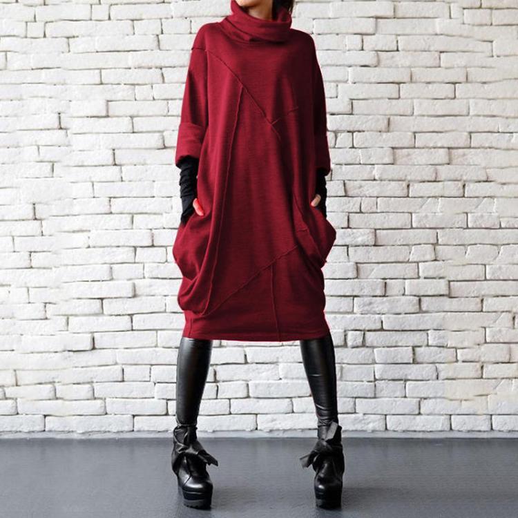 shopping אופנה נשים Women Solid color Turtleneck Neck Patchwork Casual Dress with Pockets