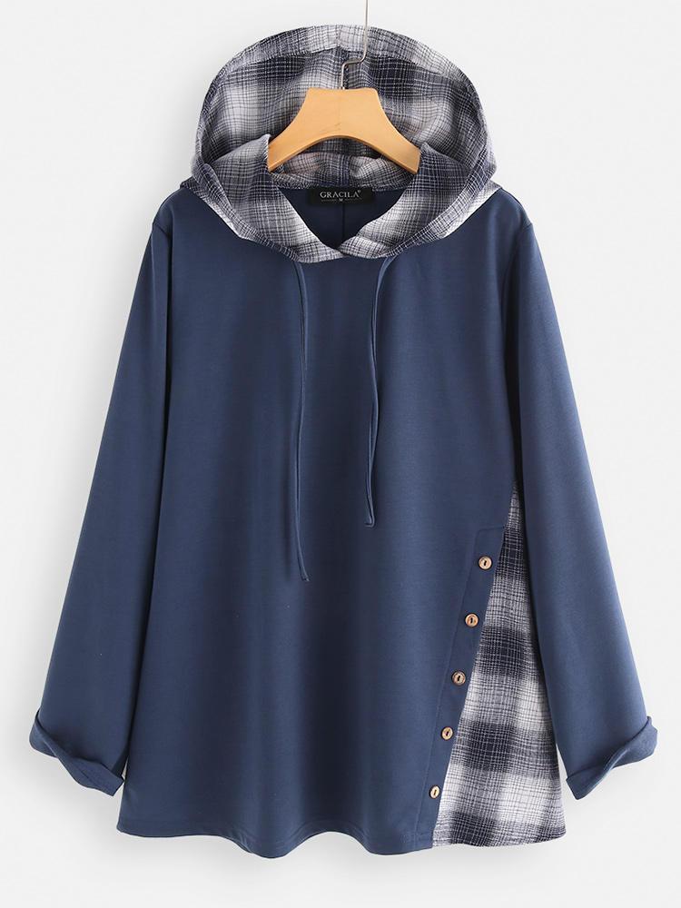 shopping אופנה נשים Women Patchwork Plaid Side Button Casual Hoodies Sweatshirts