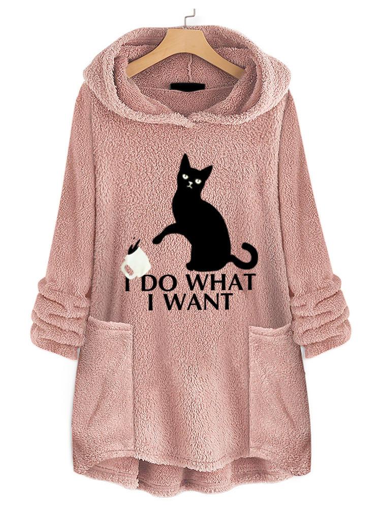 shopping אופנה נשים Women Casual Cat Print Hooded Fleece Thicken Sweatshirt Hoodies With Pocket