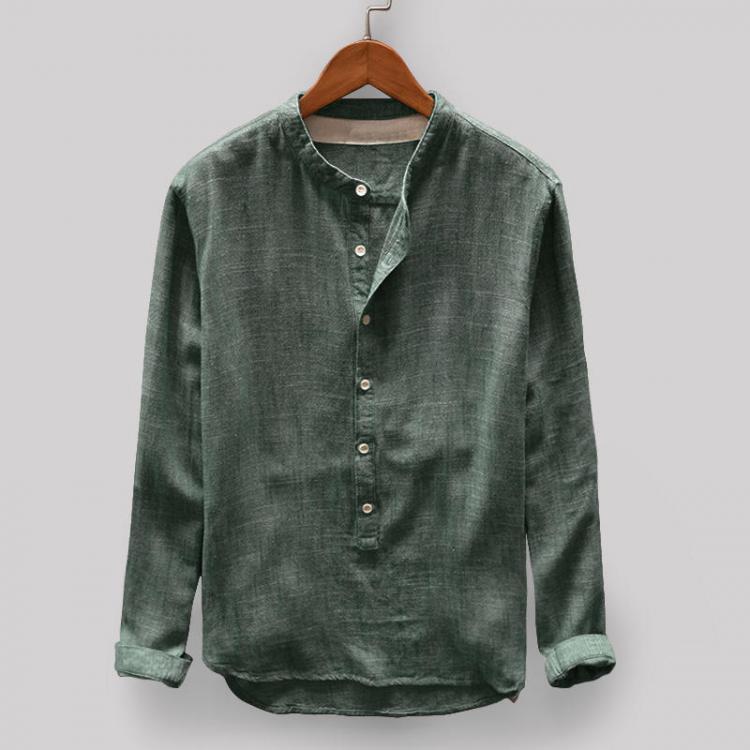 shopping בגדי גברים Men's Vintage Loose Comfy Solid Color Button Fly Stand Collar Long Sleeve Casual T-shirts