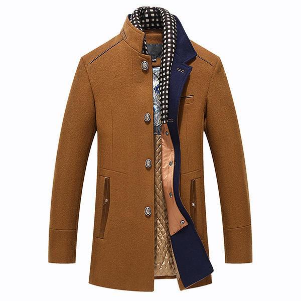 shopping בגדי גברים Autumn Winter Casual Slim Fit Stand Collar Scarf Detachable Stylish Woolen Overcoat Jacket for Men