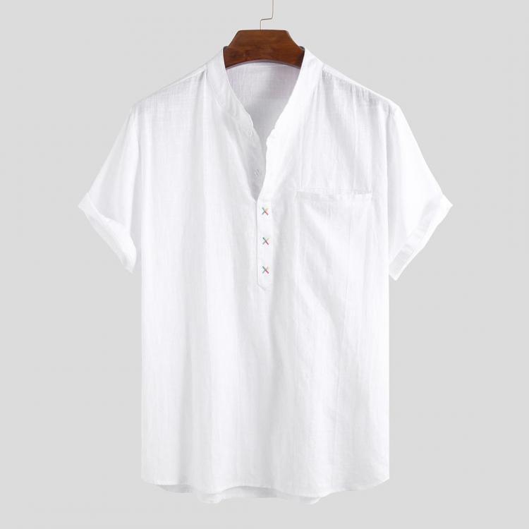 shopping חולצות וסוודרים Men 100% Cotton Stand Collar Fresh Casual Plain Loose Short-sleeved T-shirts