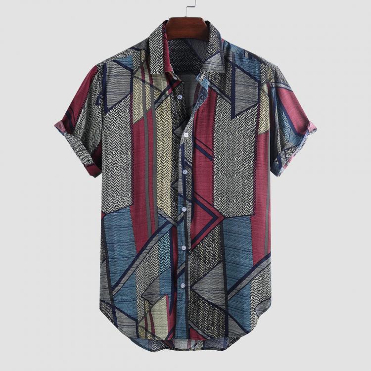 shopping חולצות וסוודרים Mens Summer Color Block Printed Turn Down Collar Casual Shirts