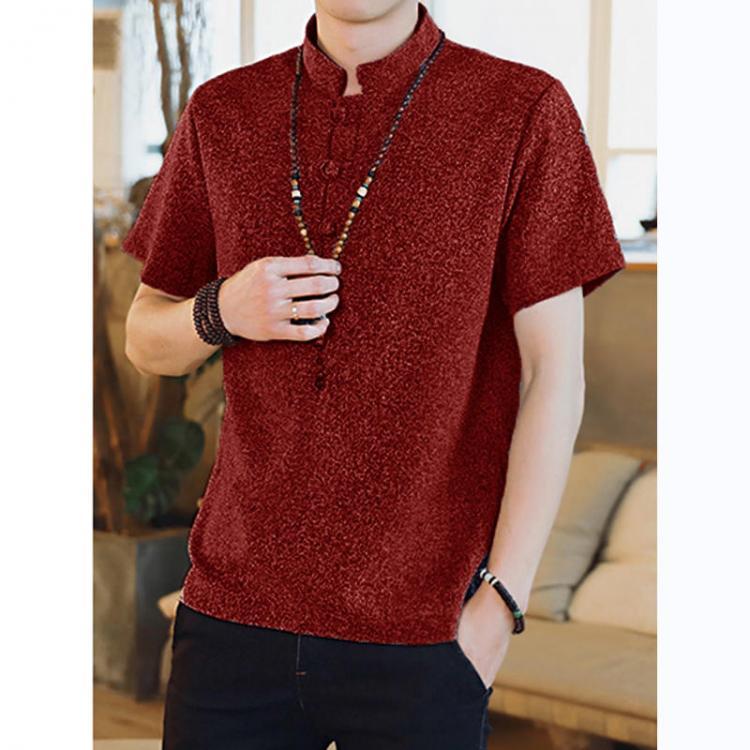 shopping חולצות וסוודרים Men Casual Short Sleeve Stand Collar Chinese Style Button Shirts Kung Fu Tops Tee