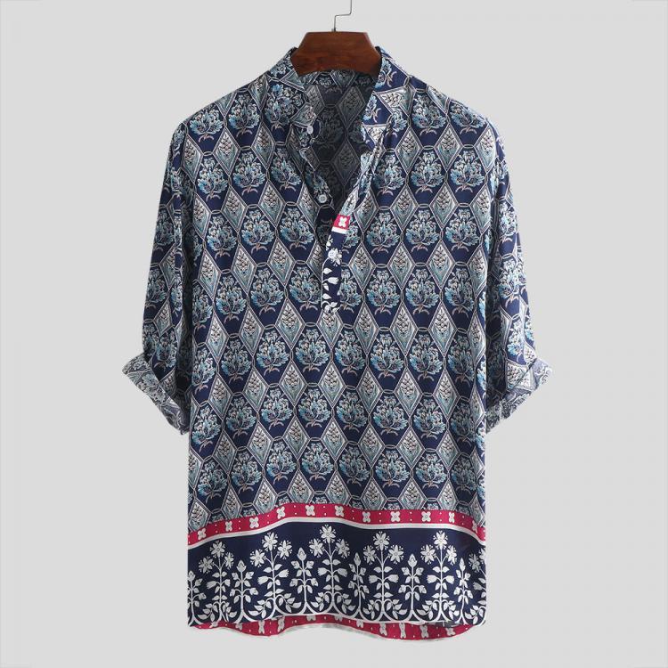shopping חולצות וסוודרים Charmkpr Men Ethnic Pattern Printed Half Sleeve Henley Shirts