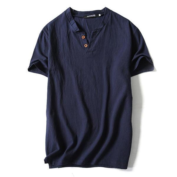 shopping חולצות וסוודרים Summer Mens Fashion V-neck Short Sleeved T-shirts Casual Breathable Loose Pure Color Flax Blouse Top