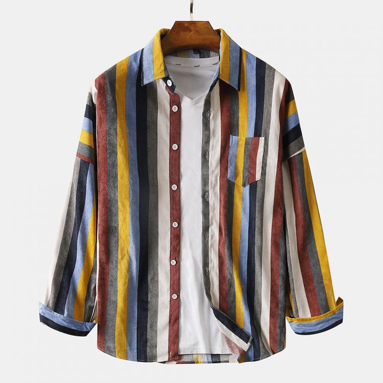 shopping חולצות וסוודרים Mens Corduroy Colorful Stripe Chest Pocket Casual Long Sleeve Lapel Shirts
