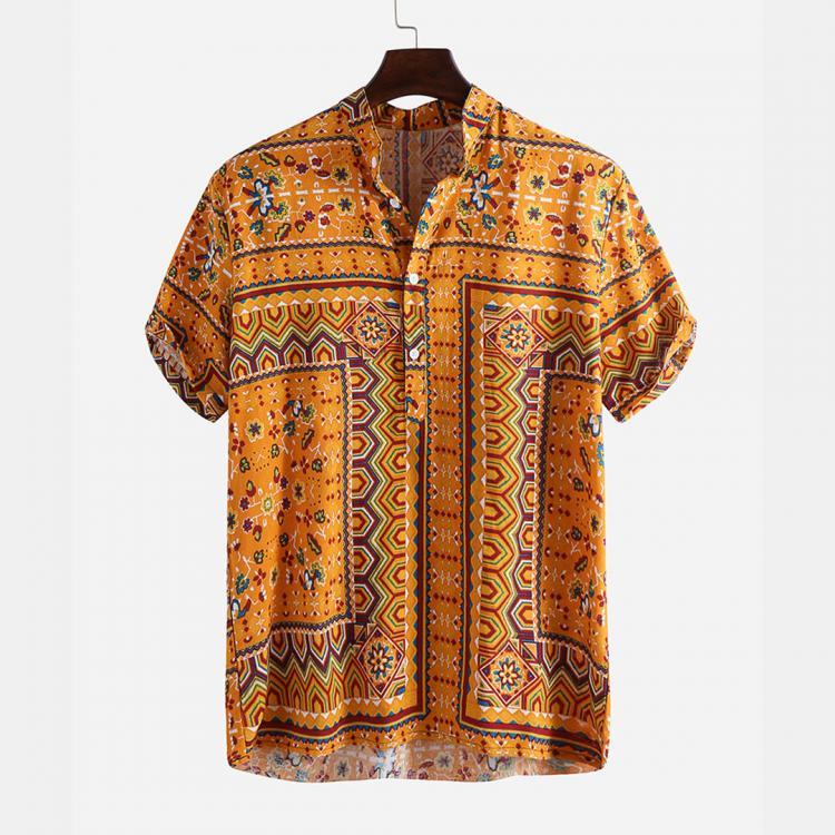 shopping חולצות וסוודרים Mens Ethnic Style Printed Summer Casual Loose Henley Shirts