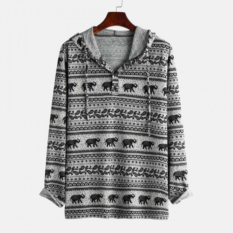 shopping חולצות וסוודרים Mens Ethnic Style Elephant Printing Casual Long Sleeve Hooded Sweatshirt