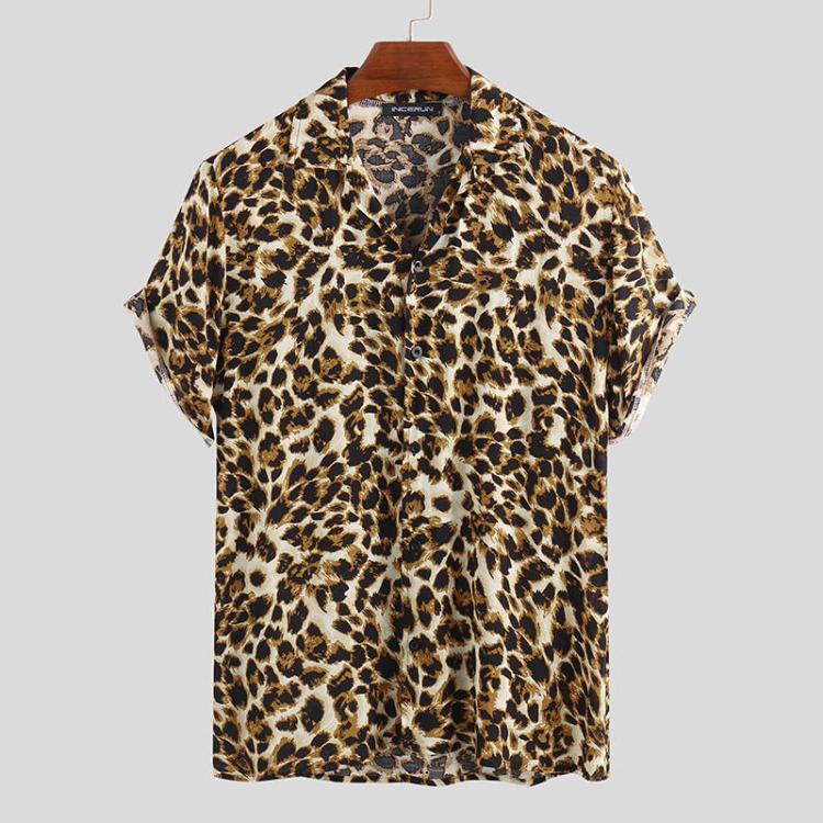 shopping חולצות וסוודרים Mens Summer Loose Fashion Handsome Leopard Printing Shirts
